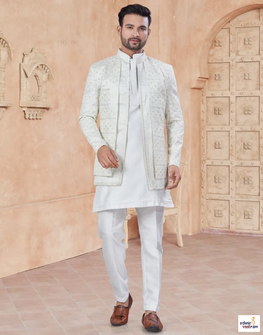 Embroidered Sequins Off-White Pure Silk Indo Western Set