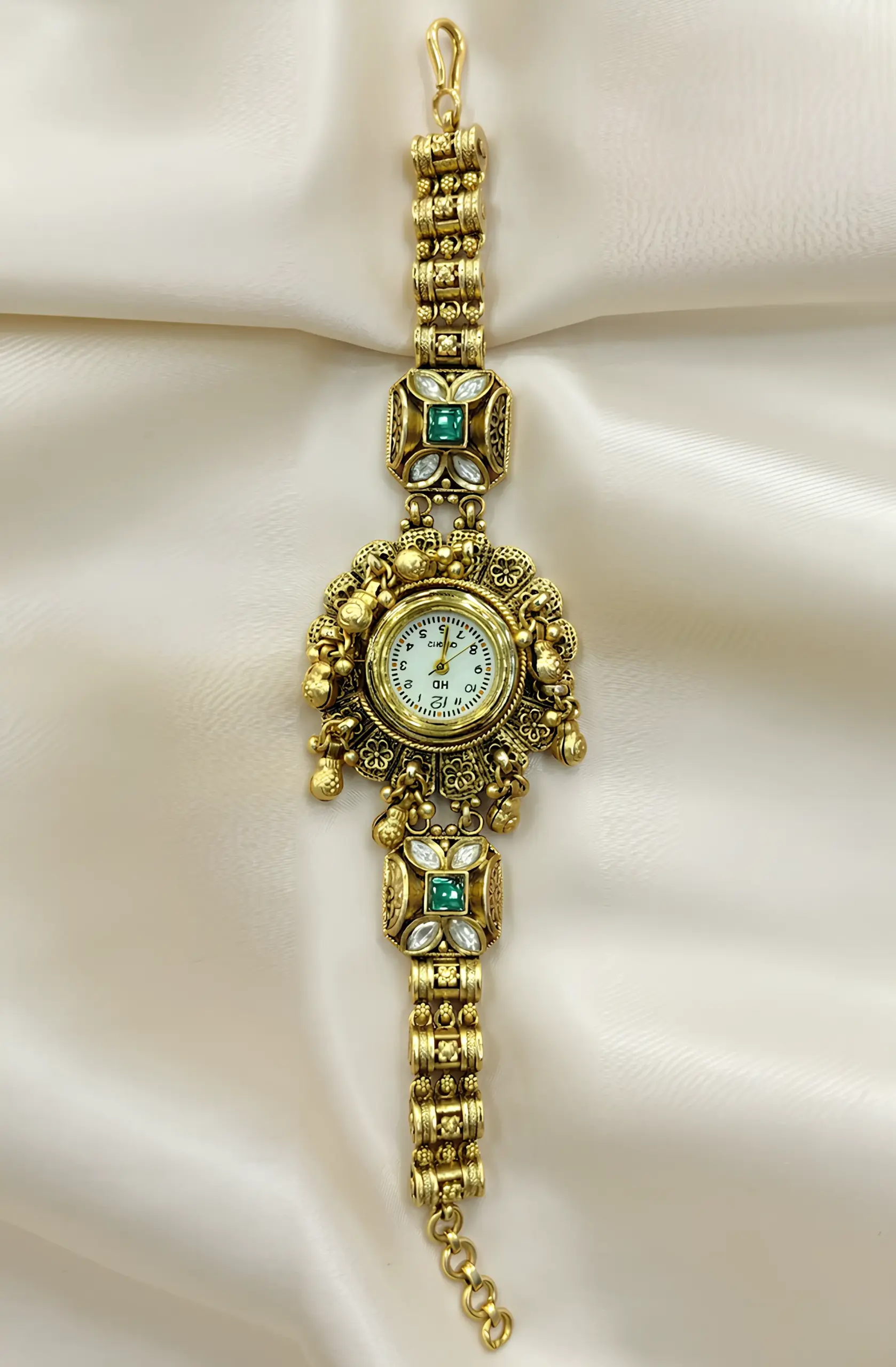 Floral Engravings Droplets Emerald & Pearl Heritage Bracelet Watch