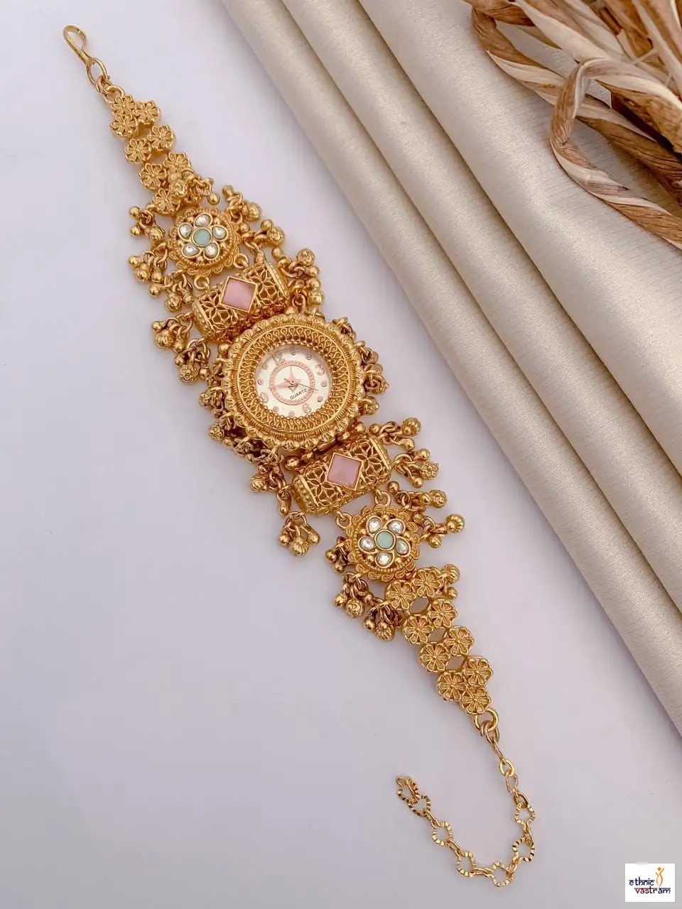 Floral Filigree Blush Pink Stone Kundan-Inspired Bridal Watch