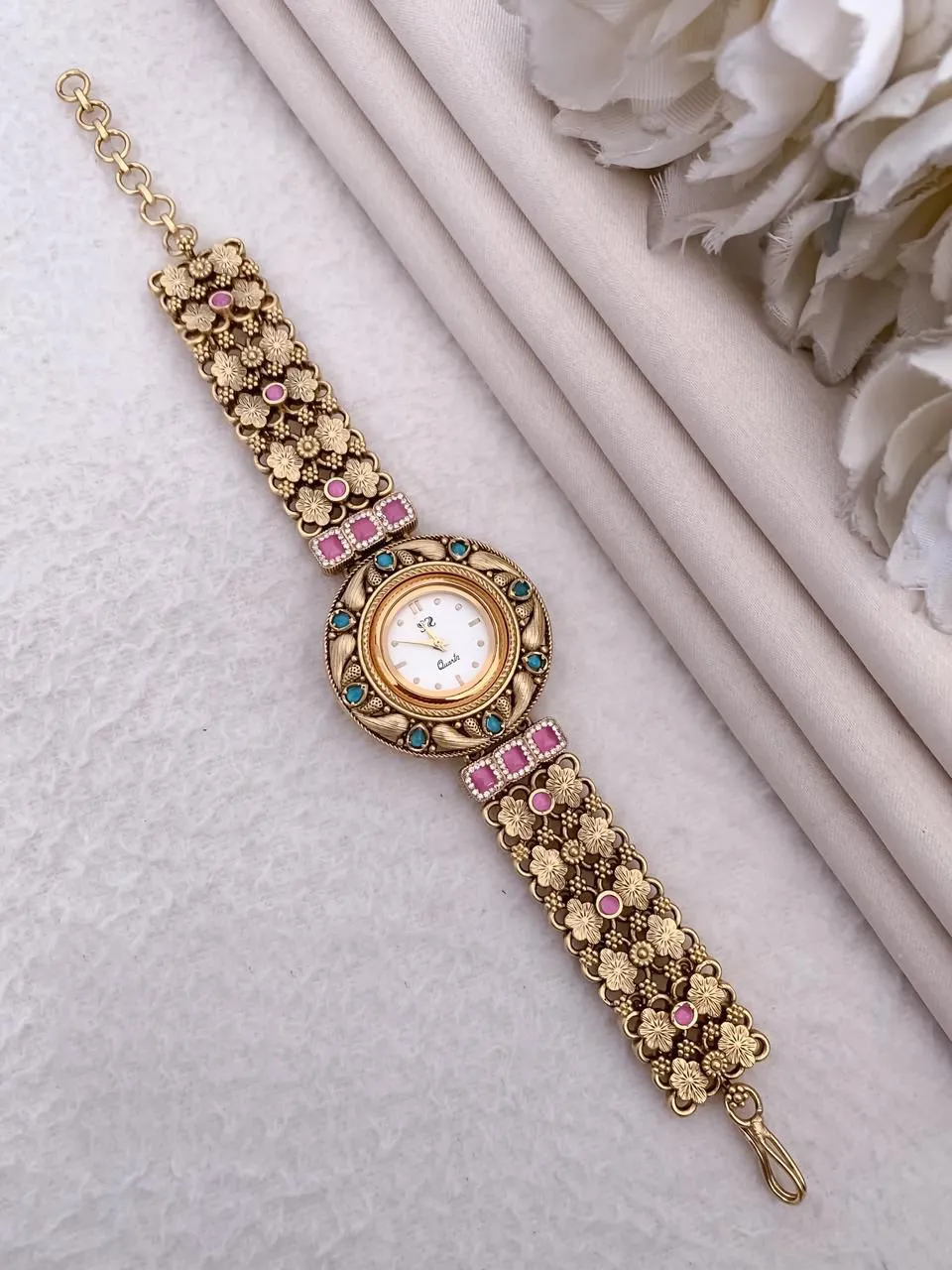 Floral Filigree & Multicolor Stone Bezel Gold Heritage Watch