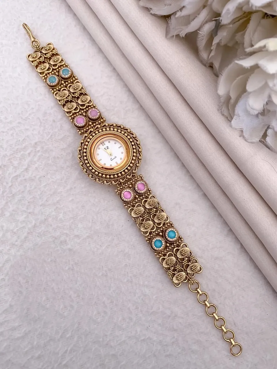 Floral Motif & Multicolor Stone Work Heritage Bracelet Watch