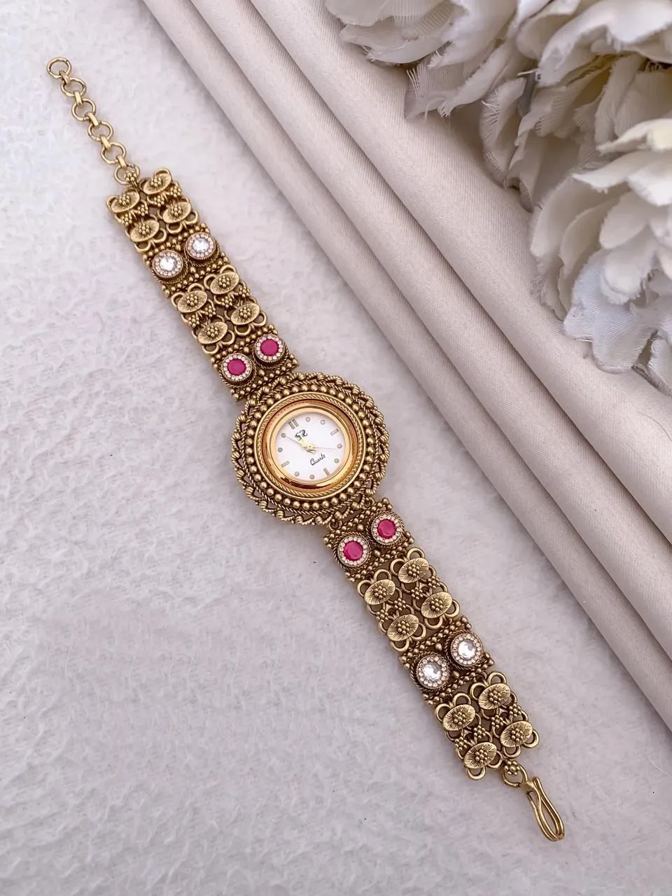 Floral Motif & Ruby-White Stone Work Traditional Ethnic Bracelet Watch