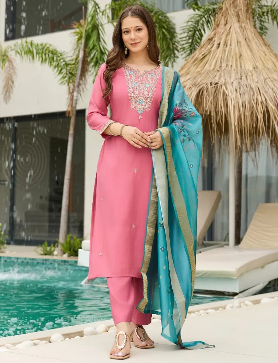 Pink Pure Viscose Chanderi Silk Embroidered Readymade Salwar Suit