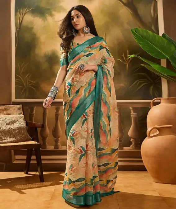 Beige Linen Cotton Printed Saree