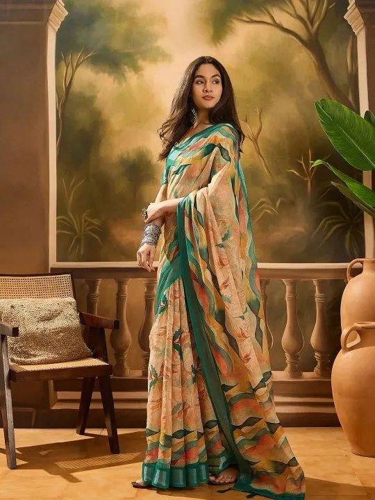 Beige Linen Cotton Printed Saree - Image 2