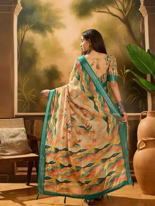 Beige Linen Cotton Printed Saree - Image 3