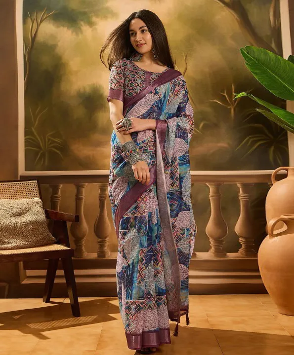 Multicolor Linen Cotton Printed Saree