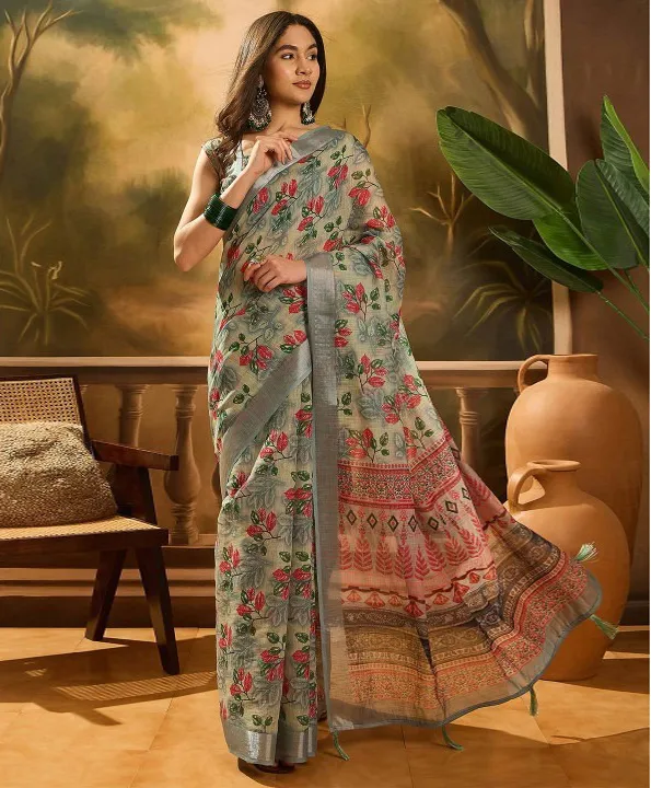 Pale Beige Linen Cotton Printed Saree