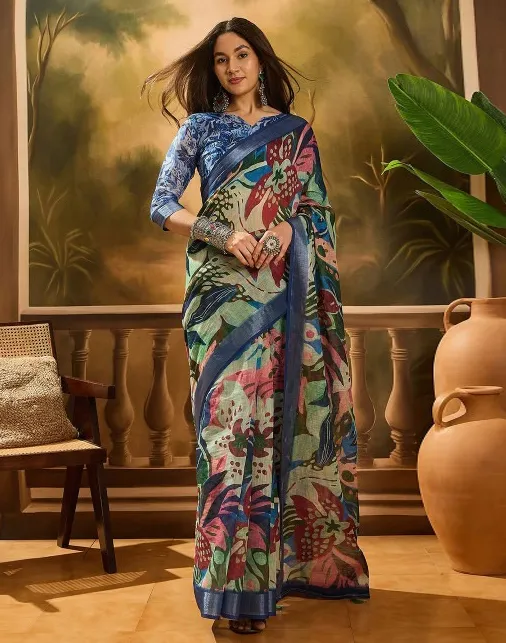 Multicolor Linen Cotton Printed Saree