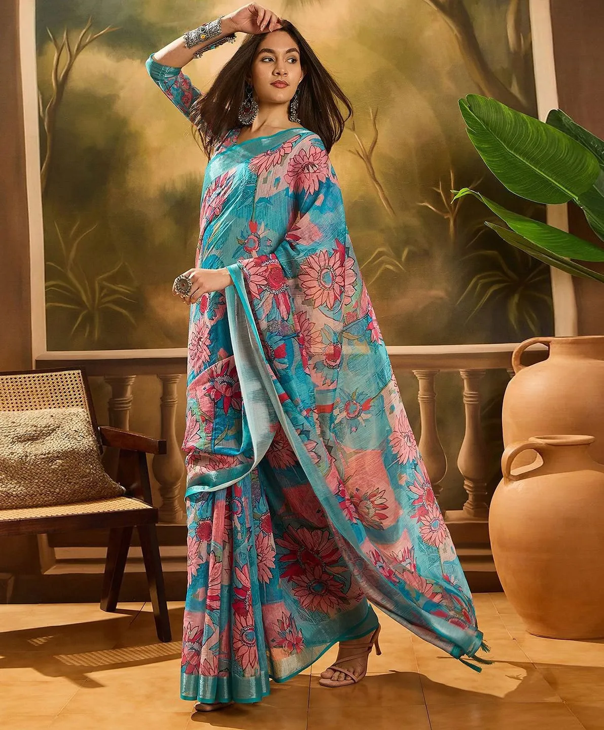 Sky Blue Linen Cotton Printed Saree