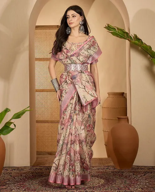 Cream Linen Cotton Printed Saree