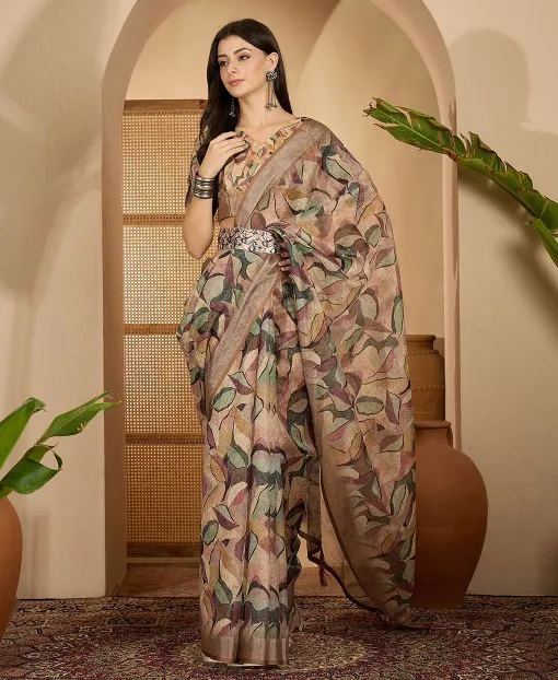 Brown Linen Cotton Printed Saree