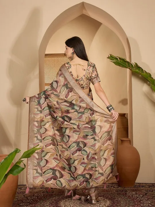 Brown Linen Cotton Printed Saree - Image 3