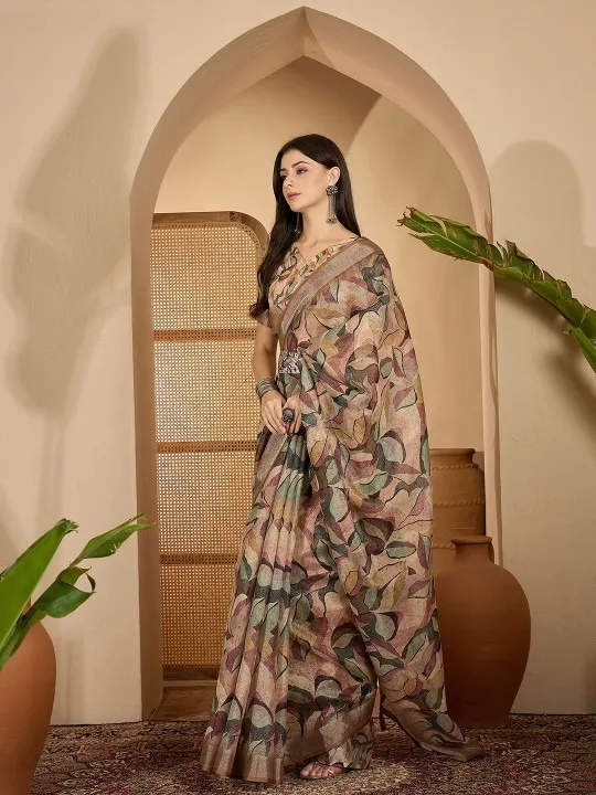 Brown Linen Cotton Printed Saree - Image 2