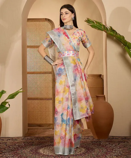 Pastel Multi Color Linen Cotton Printed Saree