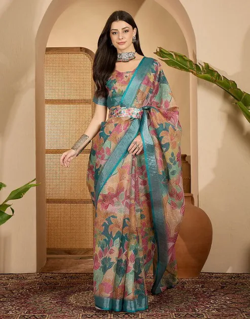 Tan Linen Cotton Printed Saree