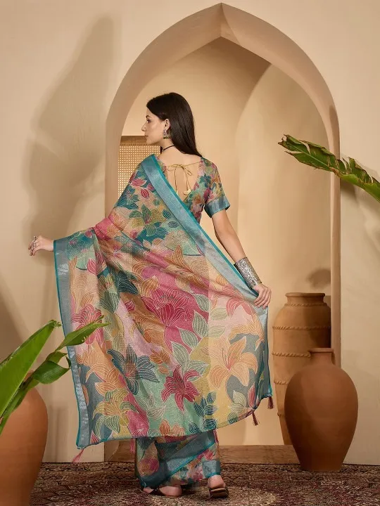 Tan Linen Cotton Printed Saree - Image 2