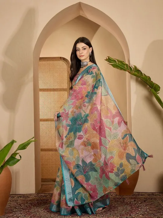 Tan Linen Cotton Printed Saree - Image 3