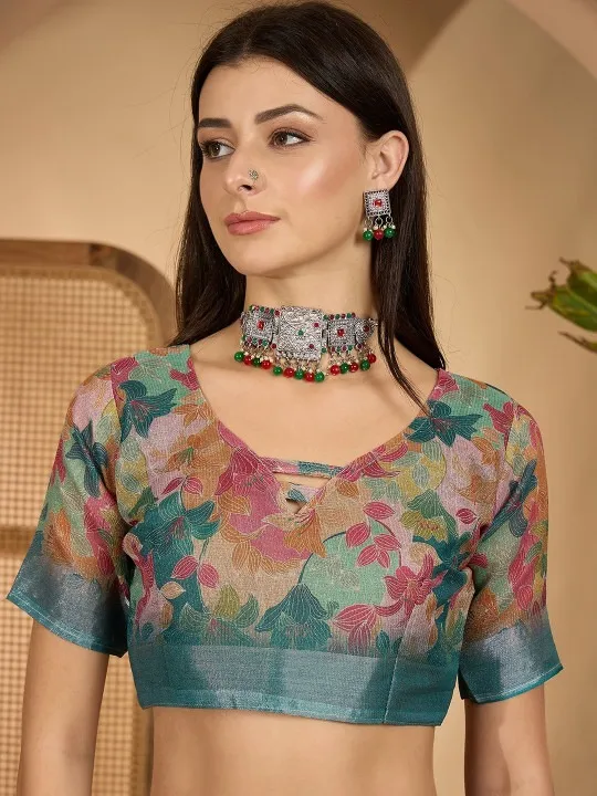 Tan Linen Cotton Printed Saree - Image 4