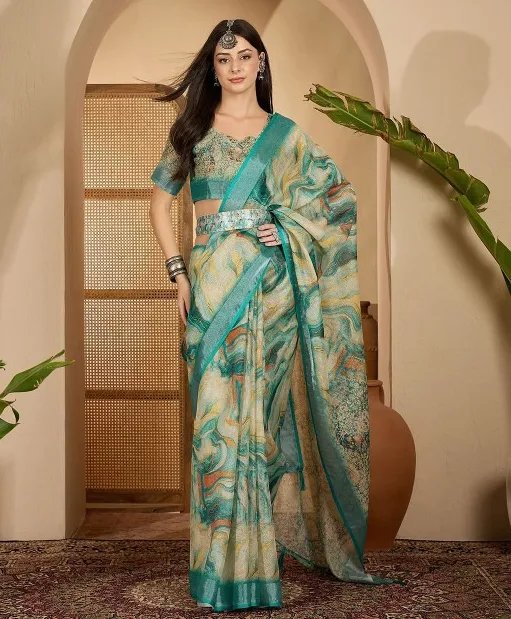 Light Yellow Linen Cotton Printed Saree