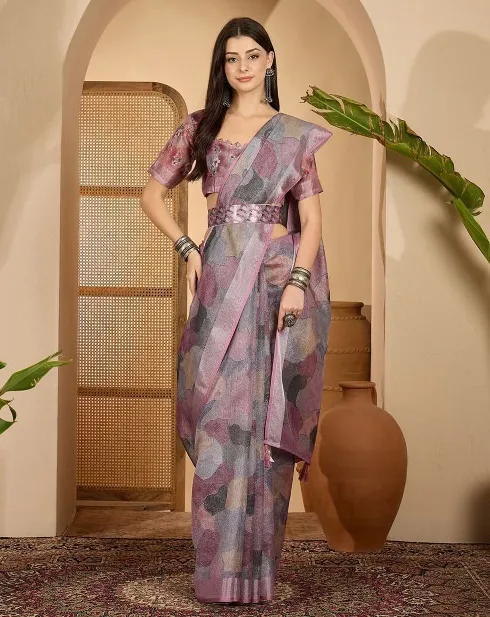Metallic Mauve Linen Cotton Printed Saree