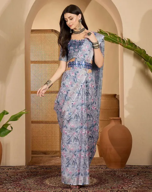 Grey Linen Cotton Printed Saree