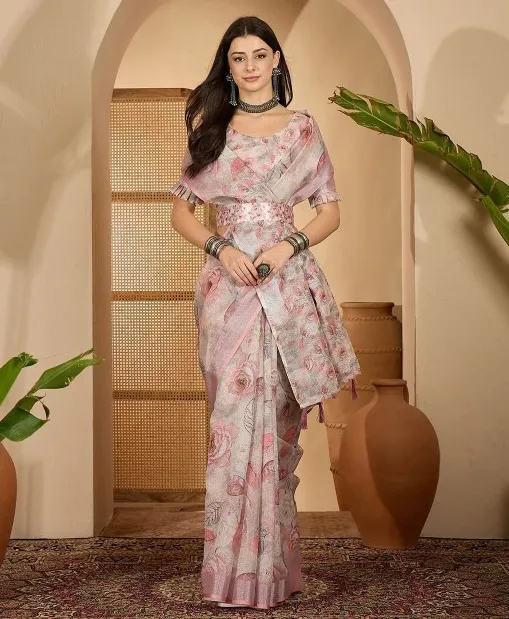 Light Pink Linen Cotton Printed Saree