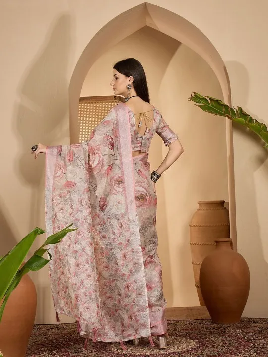 Light Pink Linen Cotton Printed Saree - Image 2