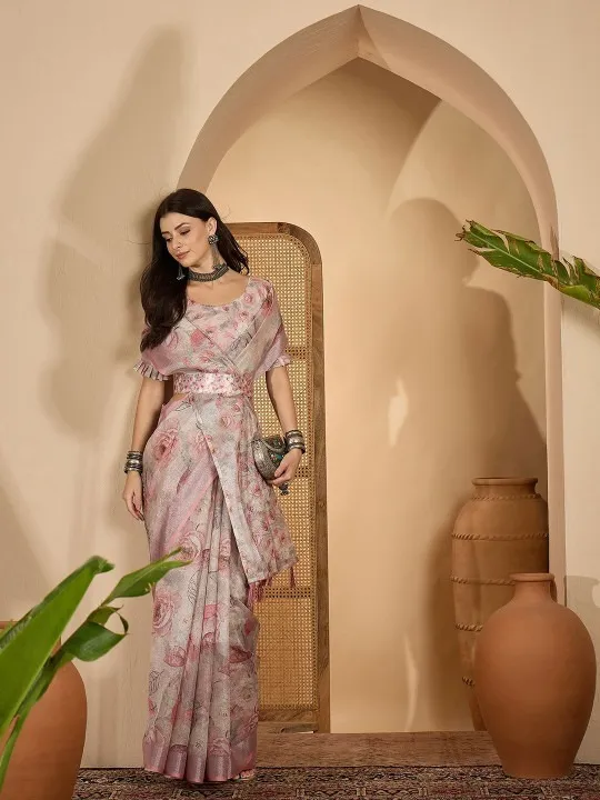 Light Pink Linen Cotton Printed Saree - Image 3