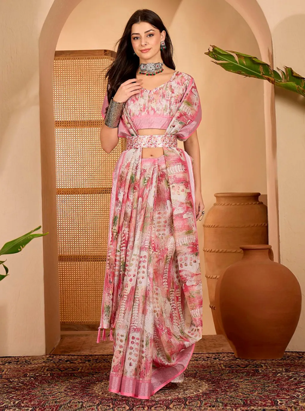 Pink Linen Cotton Printed Saree