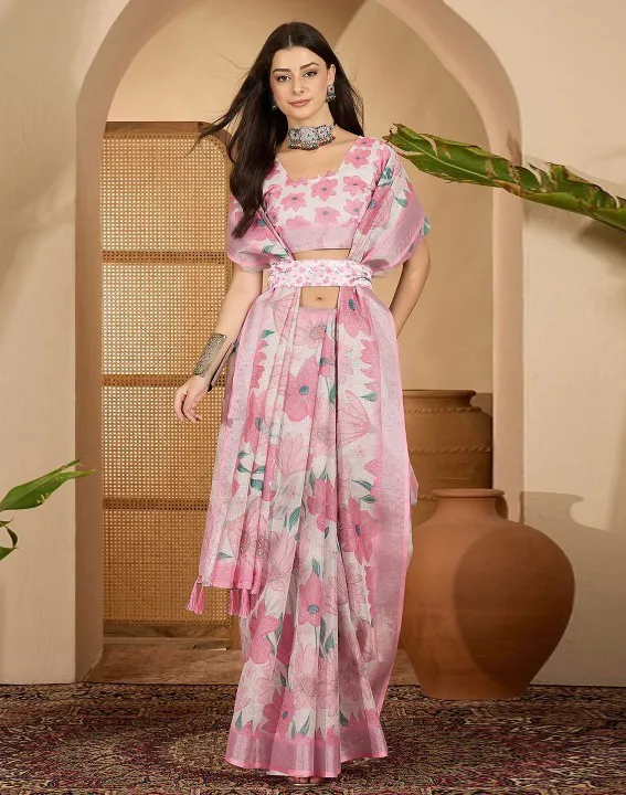 Blush Pink and White Linen Cotton Printed Saree