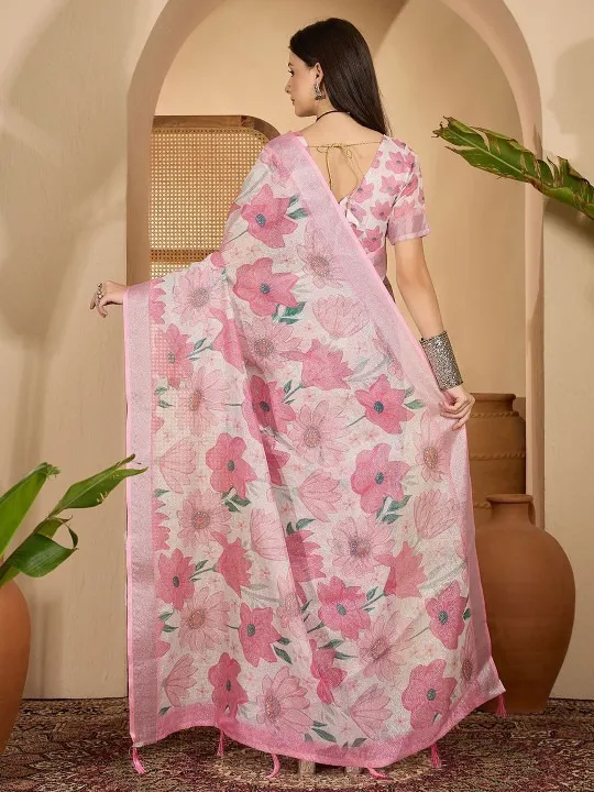 Blush Pink and White Linen Cotton Printed Saree - Image 3