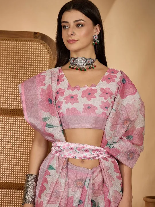 Blush Pink and White Linen Cotton Printed Saree - Image 4