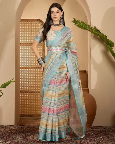 Multicolor Linen Cotton Digital Printed Saree