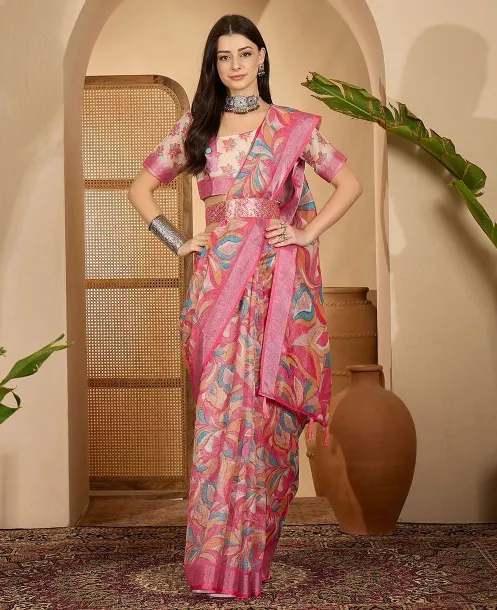 Pink Linen Cotton Abstract Printed Saree