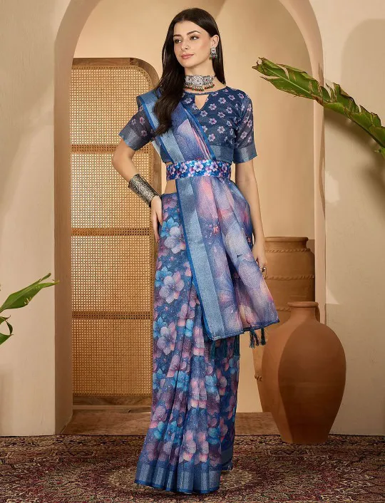 Blue Linen Cotton Abstract Printed Saree