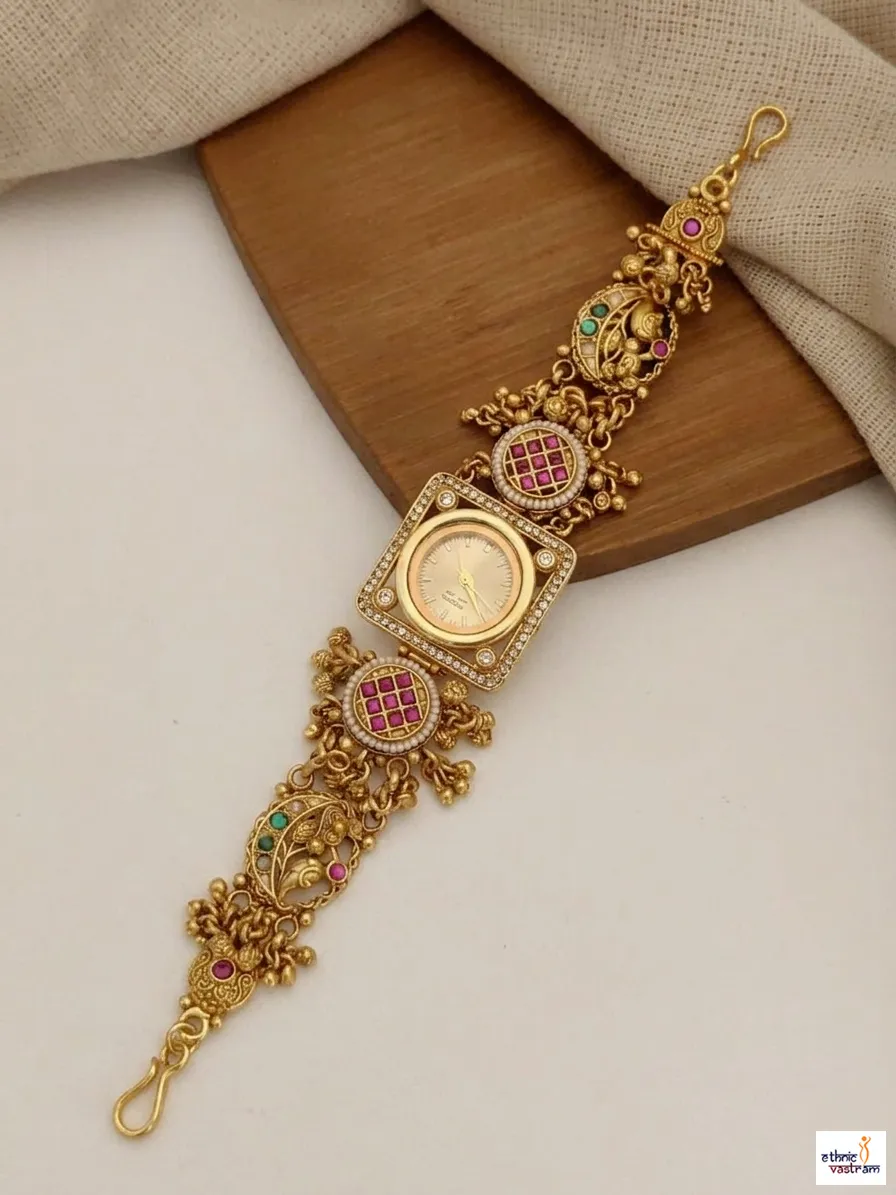 Pink & Green Stone Square Dial Kundan Designer Ethnic Watch