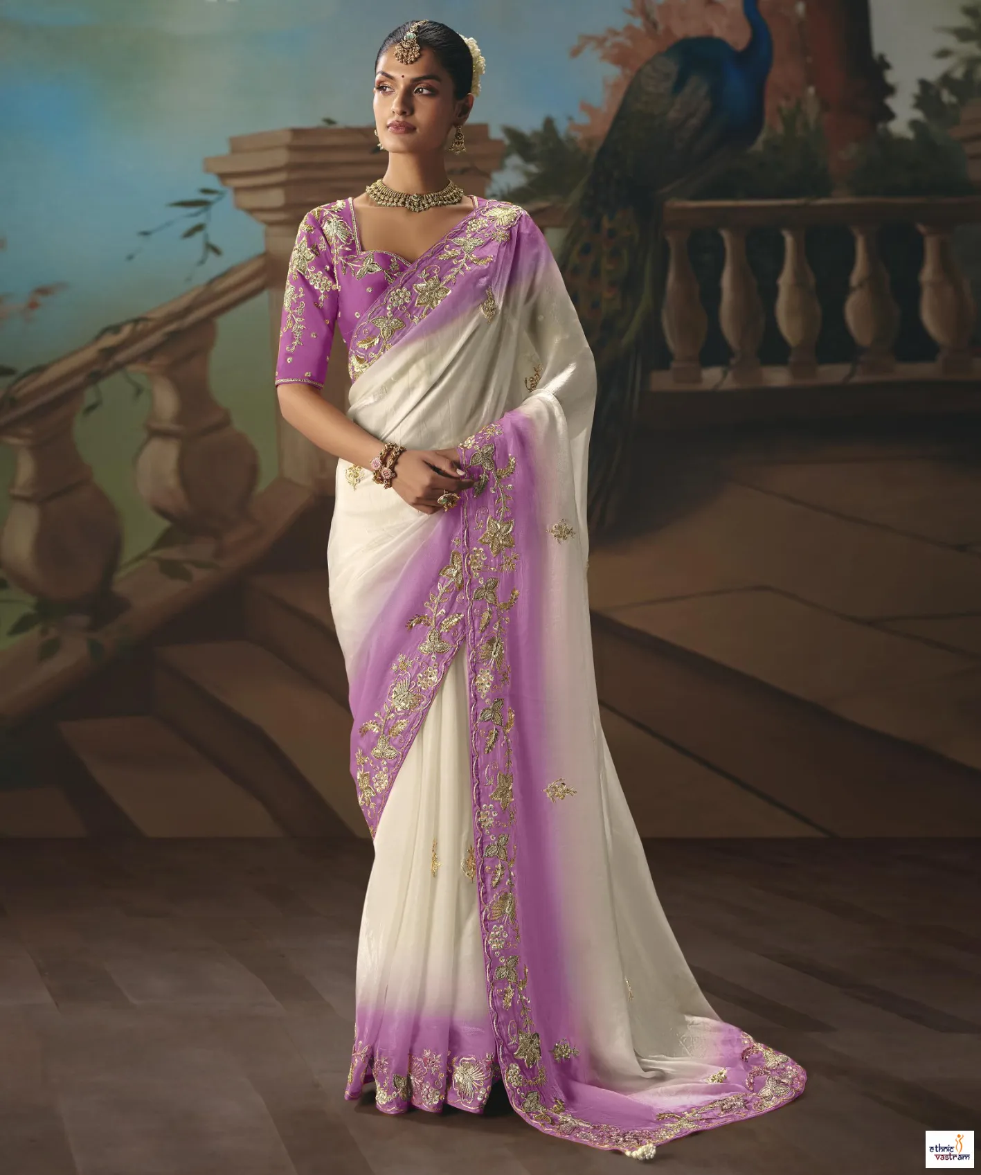 Glass Tissue Off White & Lavender Sequins Embroidered Saree