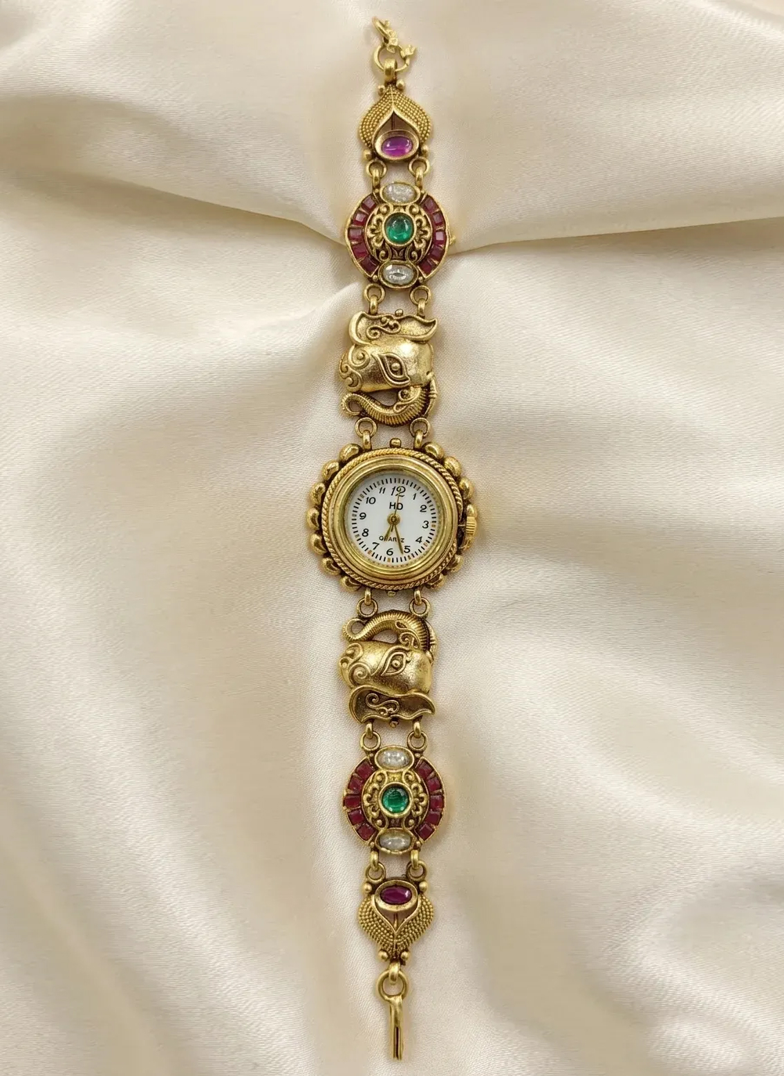 Gold-Plated Elephant Motif Sunburst Dial Bracelet Watch