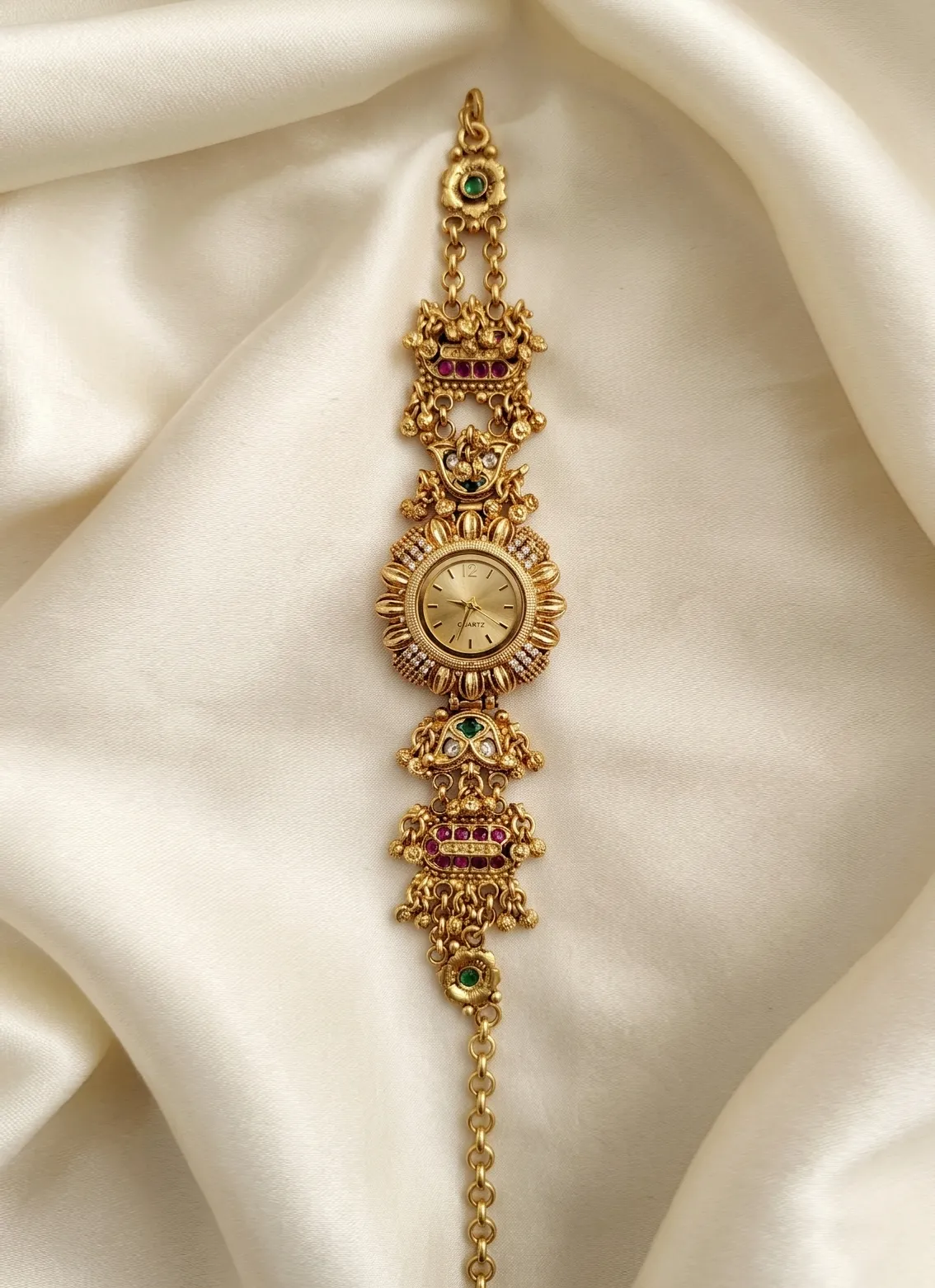 Gold-Plated Floral Sunburst Temple Bracelet Traditional Watch