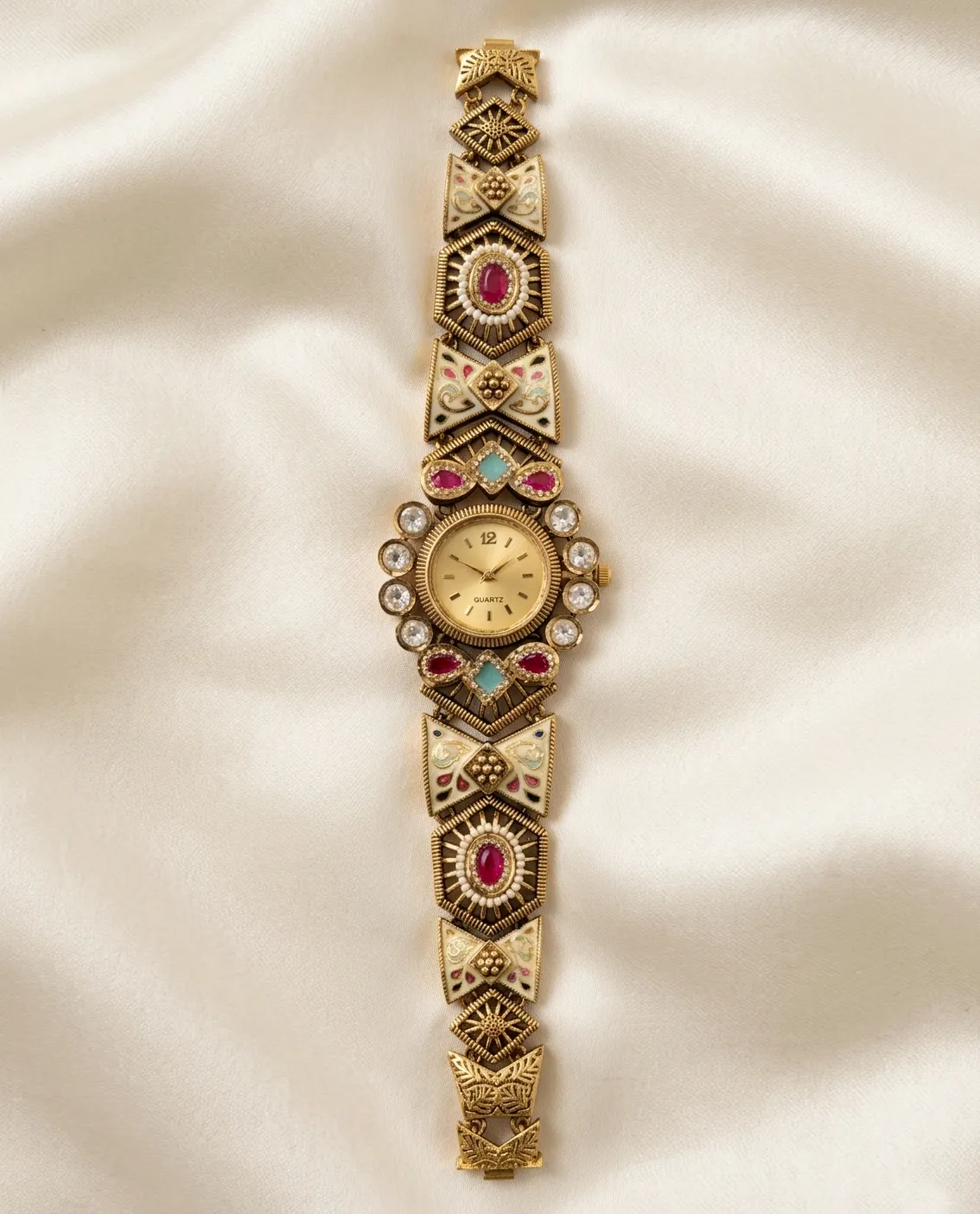 Gold-Plated Sunray Dial Meenakari Geometric Bracelet Watch