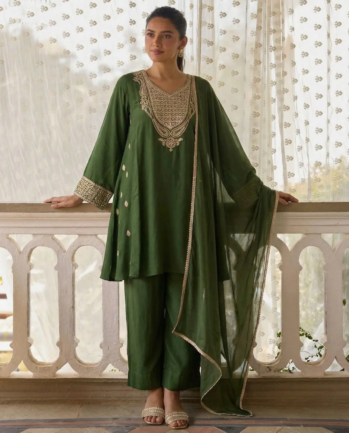 Green Cotton Silk A-Line Embroidered Readymade Suit