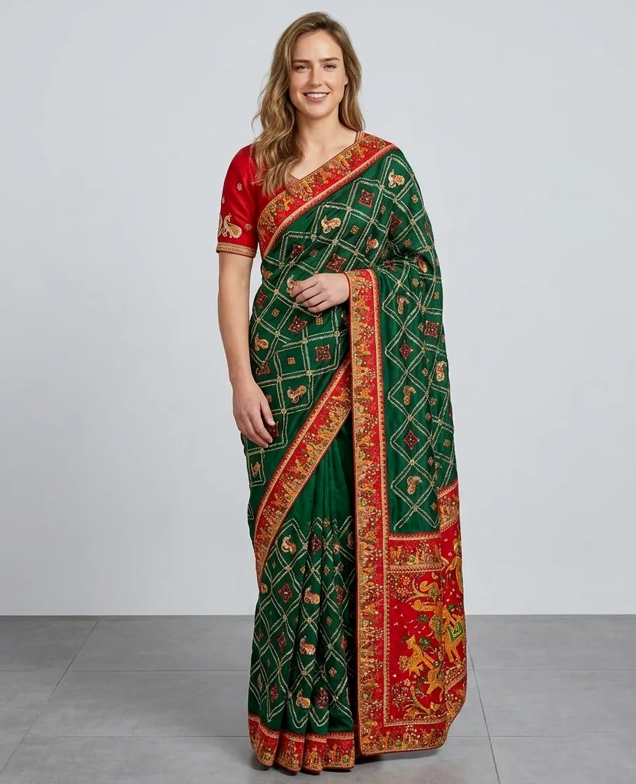 Green Dola Silk Heavy Jacquard Lace Border Designer Saree