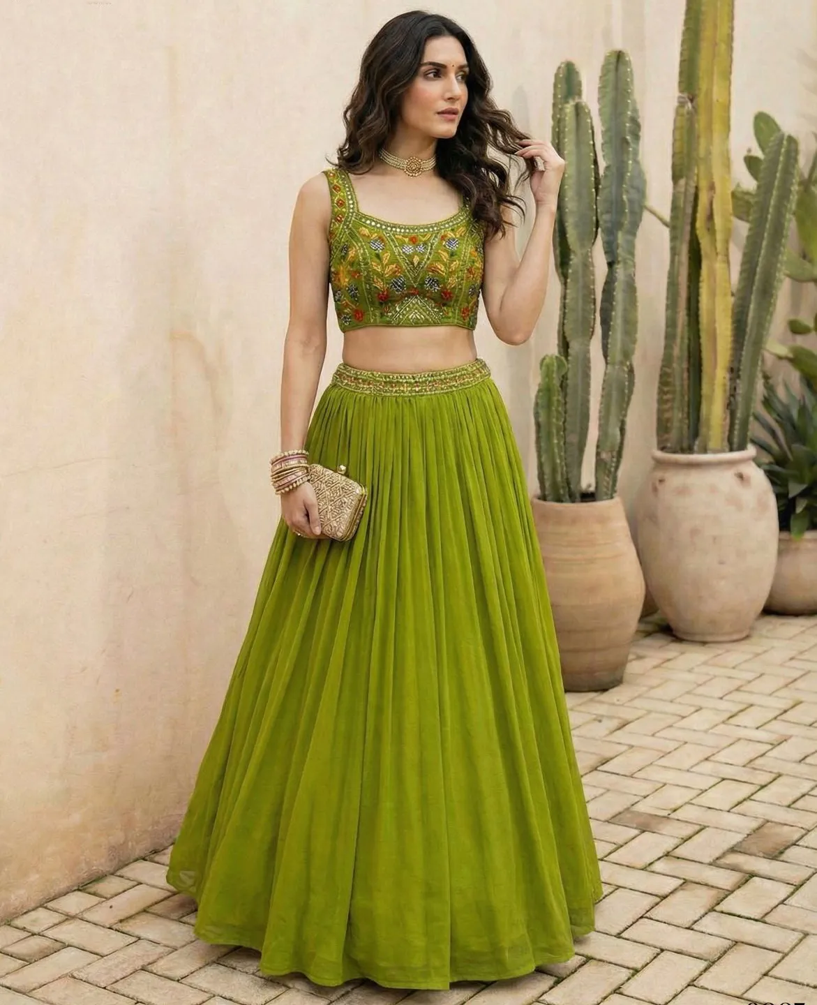 Green Georgette Embroidered Readymade Party Wear Lehenga