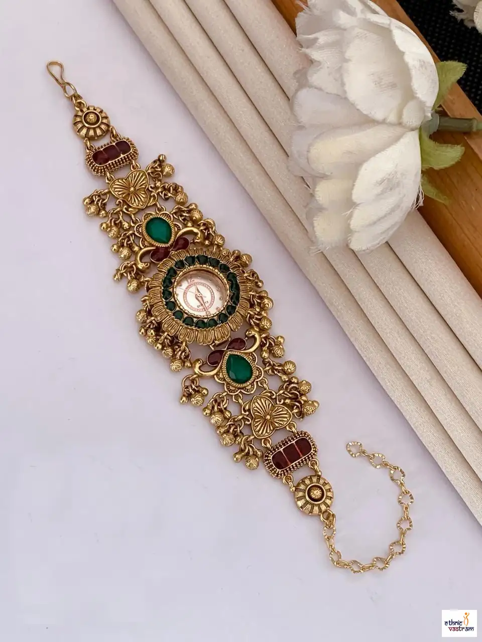 Green & Maroon Stones Gold-Plated Floral Motifs Bracelet Watch