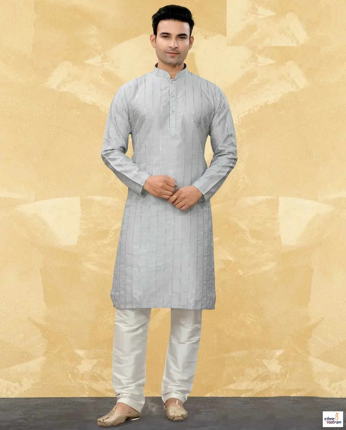 Grey Art Silk Sequins Work Designer Ethnic Wear Kurta Pajama