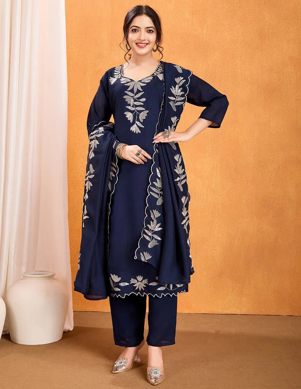 Navy Blue Pure Vichitra Silk Embroidered Readymade Salwar Suit