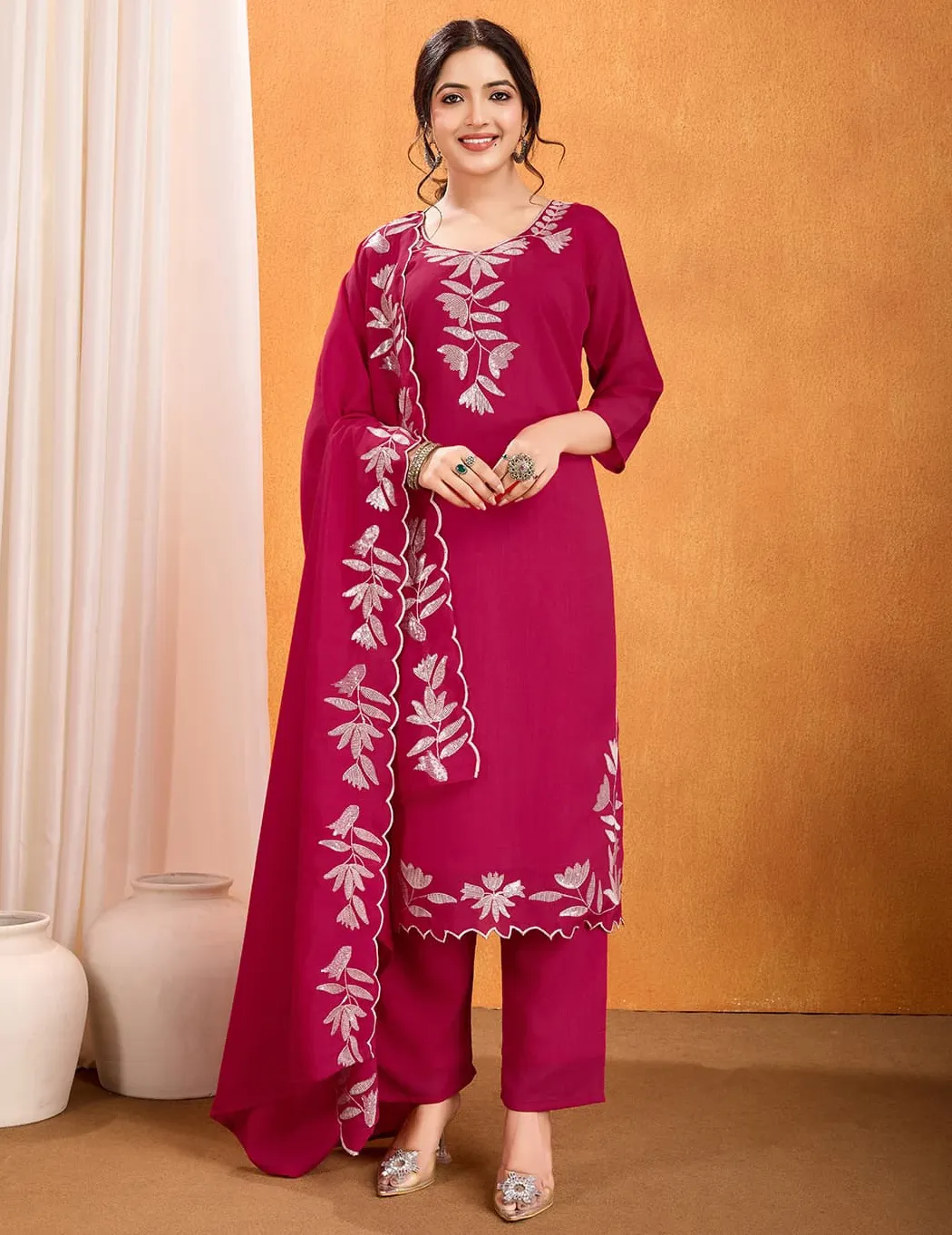Magenta Pure Vichitra Silk Embroidered Readymade Salwar Suit