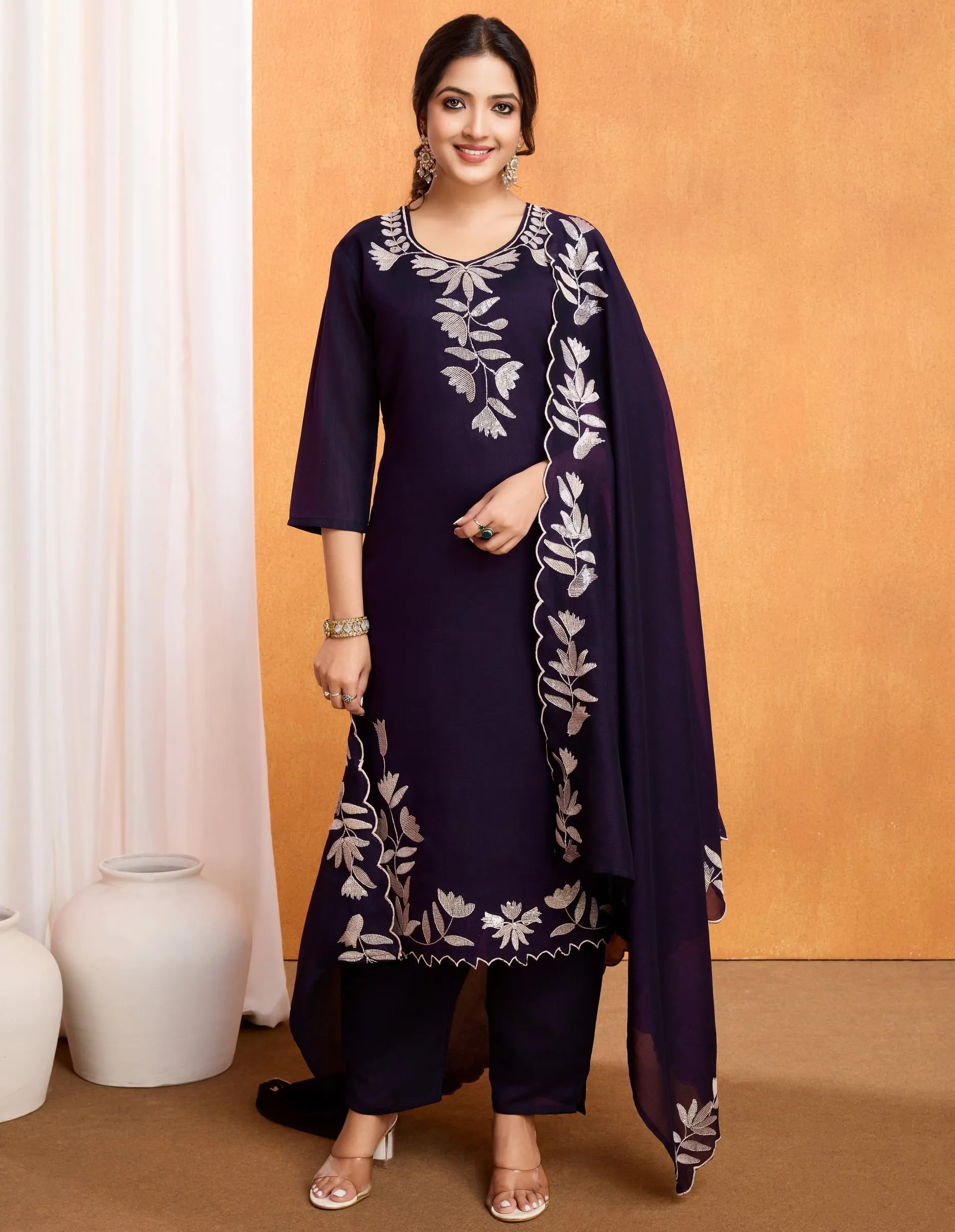 Purple Pure Vichitra Silk Embroidered Readymade Salwar Suit