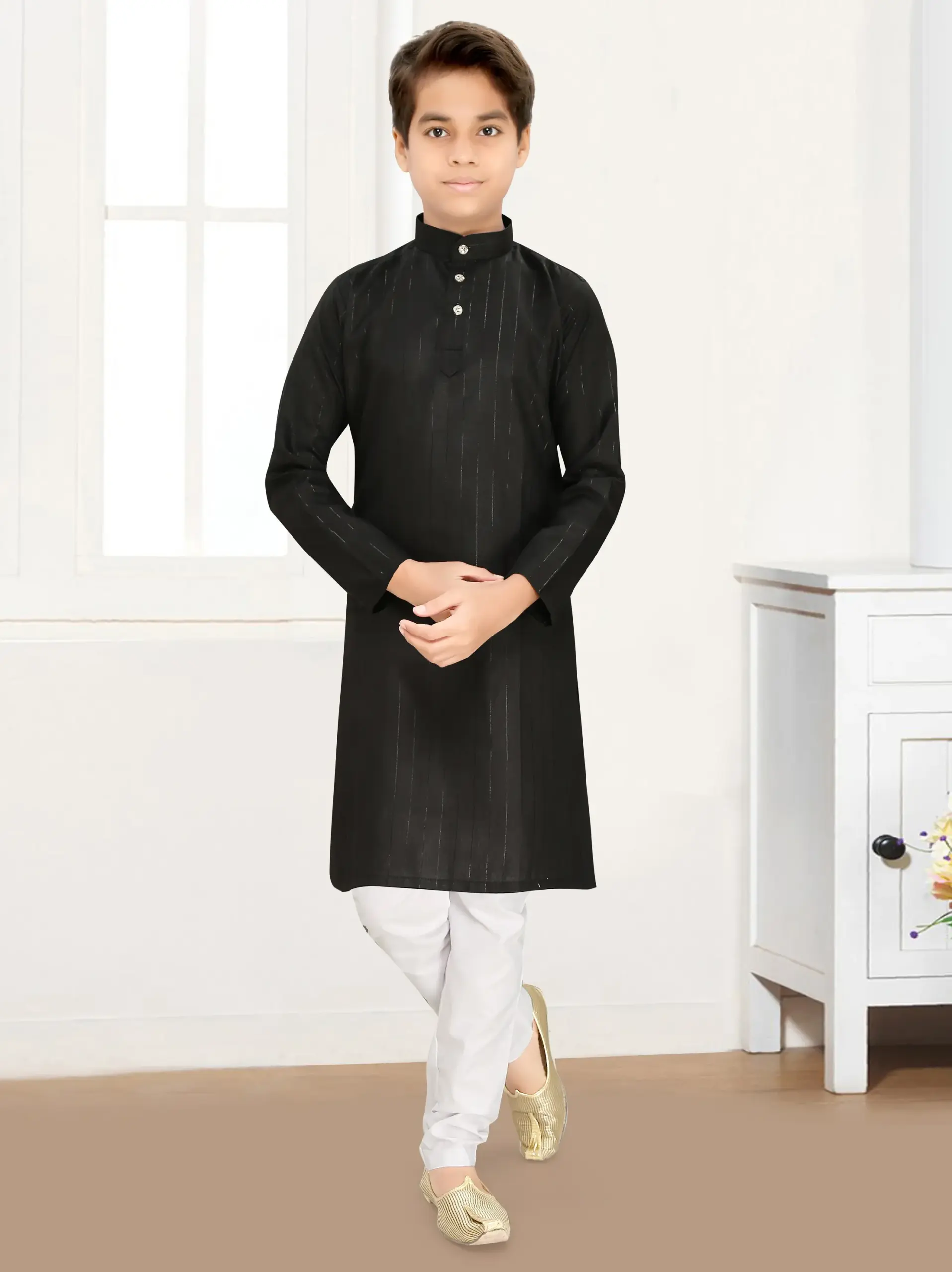 Black Cotton Lining Pattern Kid's Kurta Set